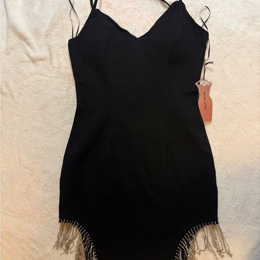 Boohoo Black Mini Dress with Fringe Accents